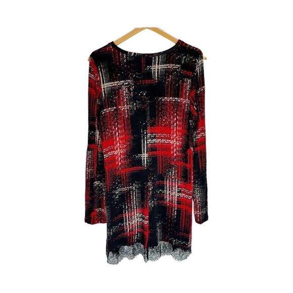 Womens Logo Black Red Plaid long sleeve Scoop Neck lace trim Tunic Dress Medium - Picture 1 of 6